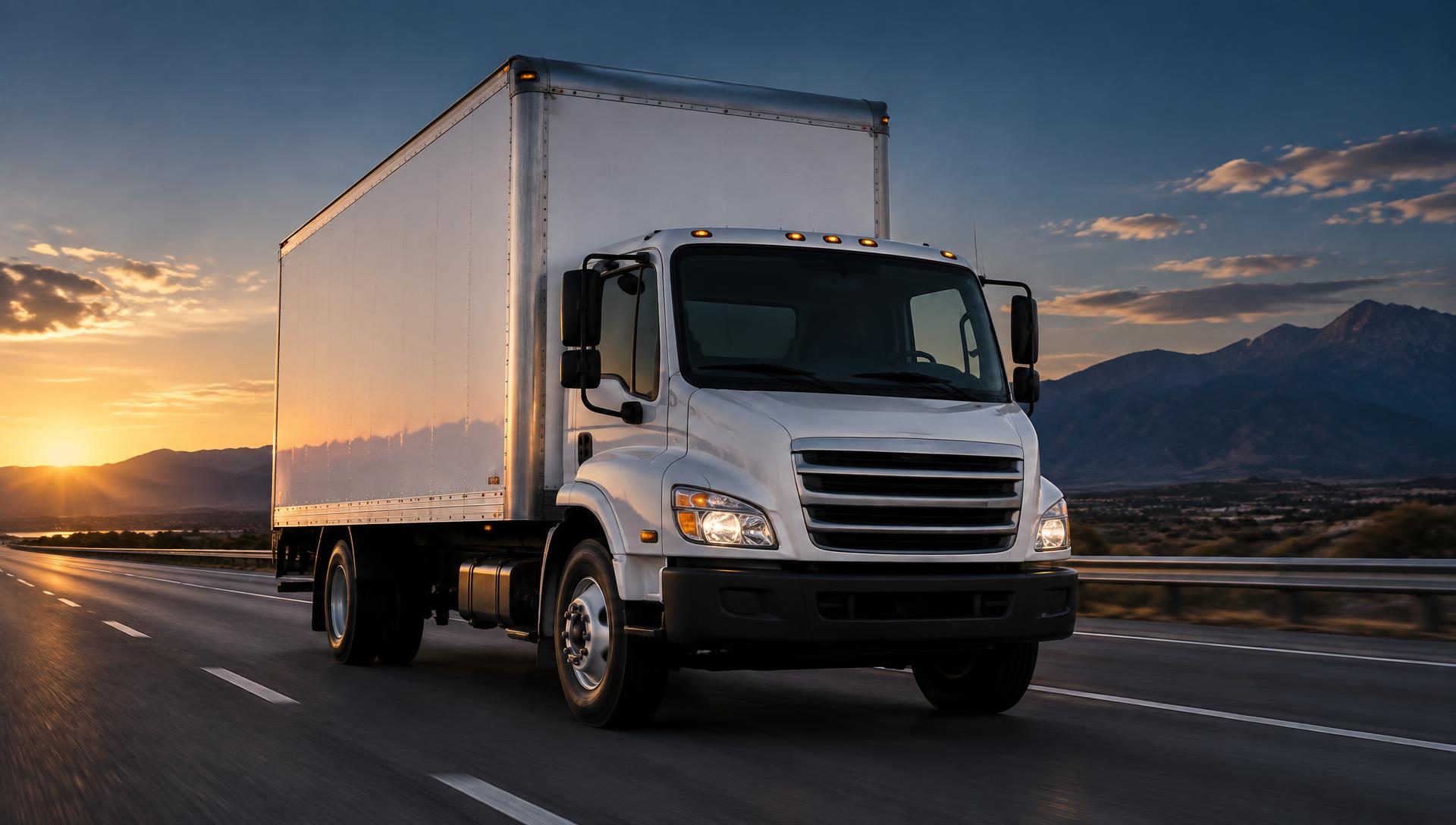 Box truck on the highway at dawn